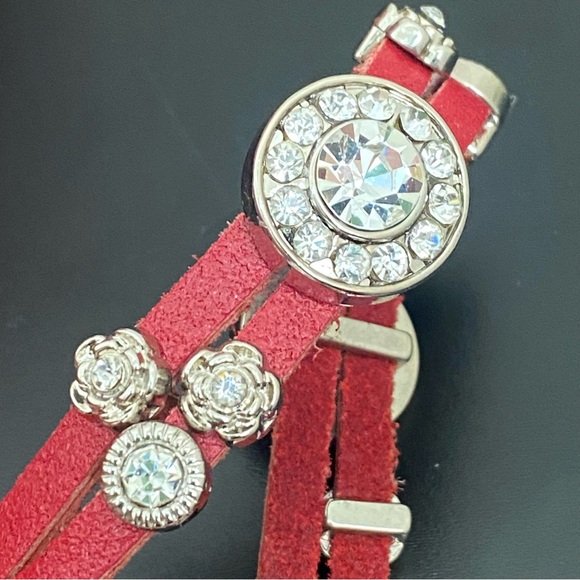 Red Genuine Leather Rhinestone Charms 7 1/2” Toggle Bracelet 36g. - Picture 13 of 15